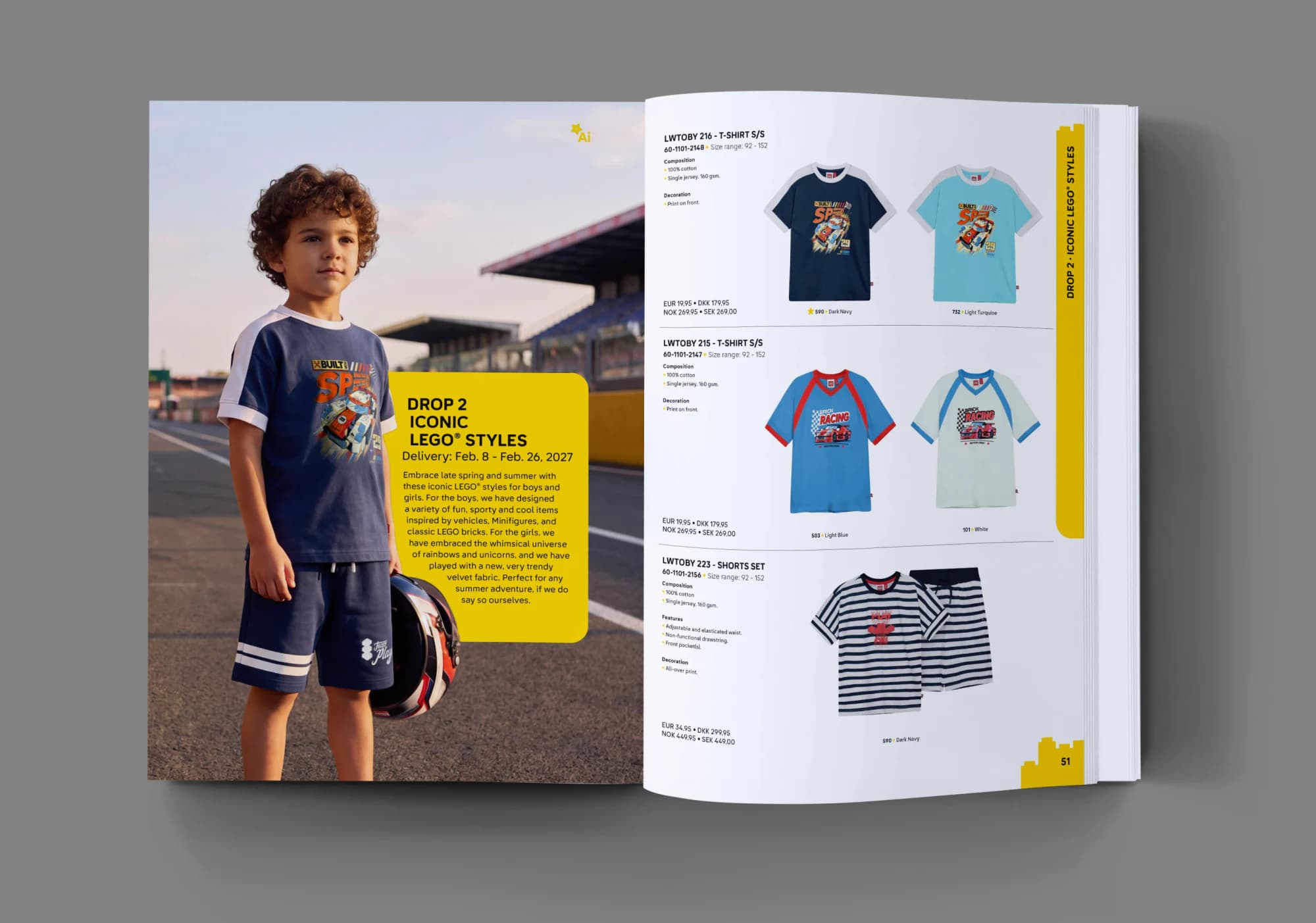 PIM-driven LEGO collection catalogue spread with AI-generated lifestyle imagery