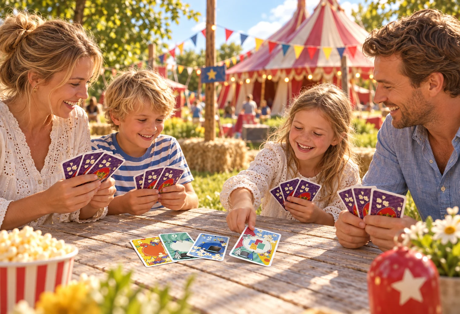 Glad familie spiller ASSANO-kort sammen ved Cirkus Summarum