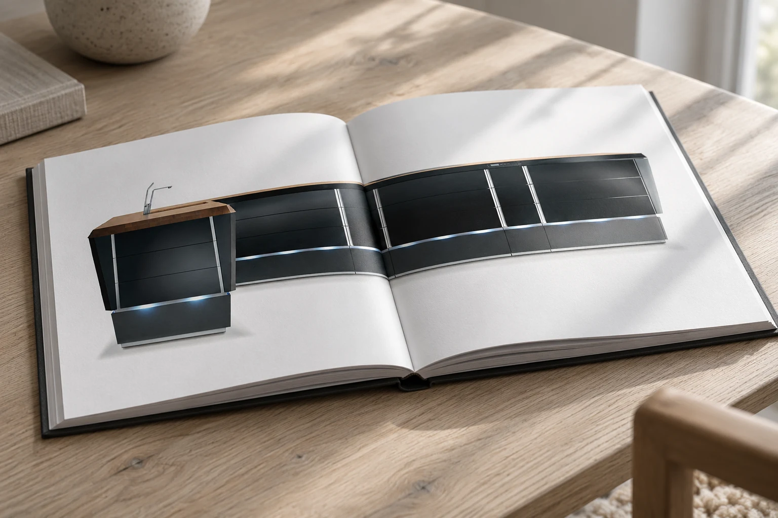 Åben Jacob Jensen Design-bog med køkkendesign-opslag på lyst egetræ